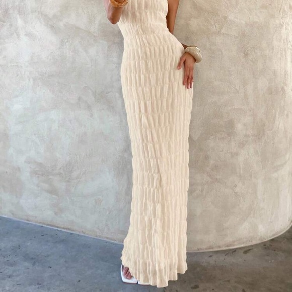 Veloura Halter Maxi Dress Apricot Backless Pleated Elegant Bodycon - Picture 7 of 7